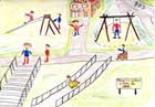 Link und verkleinertes Bild einer zeichnung von Hans Härtel: eine Gruppe Kinder spielt gemeinsam auf einem Spielplatz