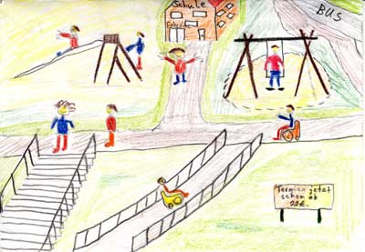 Link und verkleinertes Bild einer zeichnung von Hans Härtel: eine Gruppe Kinder spielt gemeinsam auf einem Spielplatz