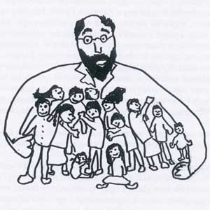Zeichung Korczak behütet eine Kindergruppe